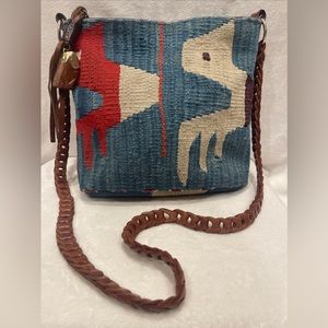 Vintage Wool Kilim & Tooled Leather 80s 90s Crossbody Handbag Purse Bag